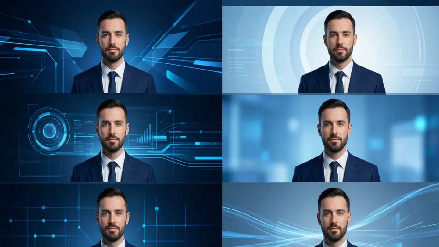 A grid of six panels showing the same digital presenter with identical appearance across different backgrounds.