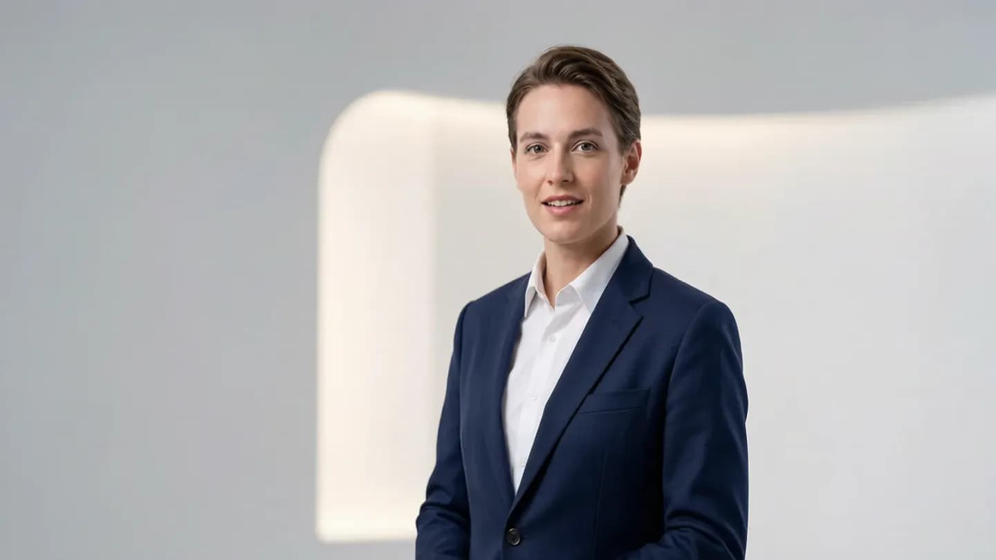 A photorealistic digital human presenter addressing the camera on a clean studio set.