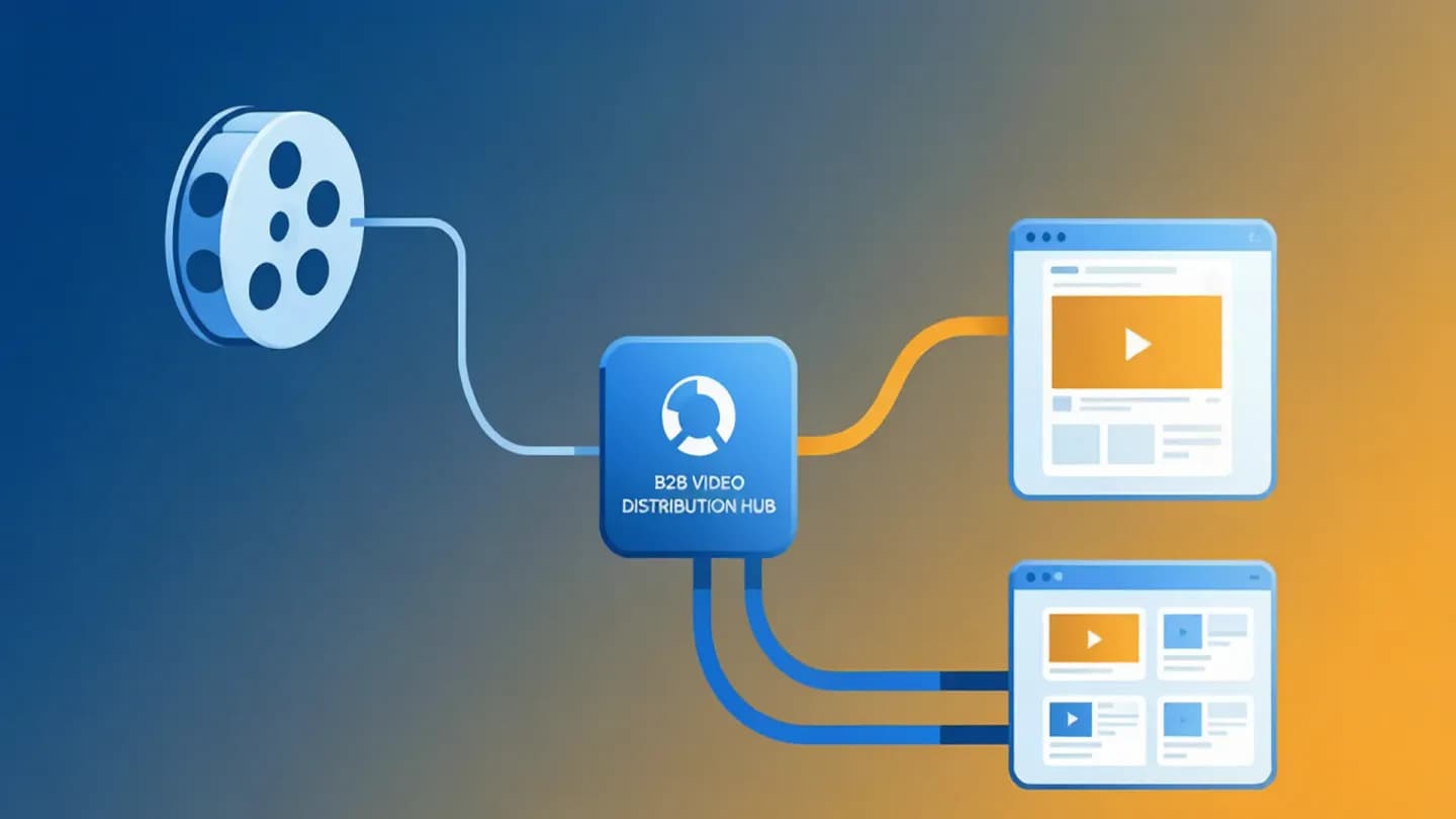 A distribution hub splitting one AI-generated film into LinkedIn, owned-site, and ad-platform streams
