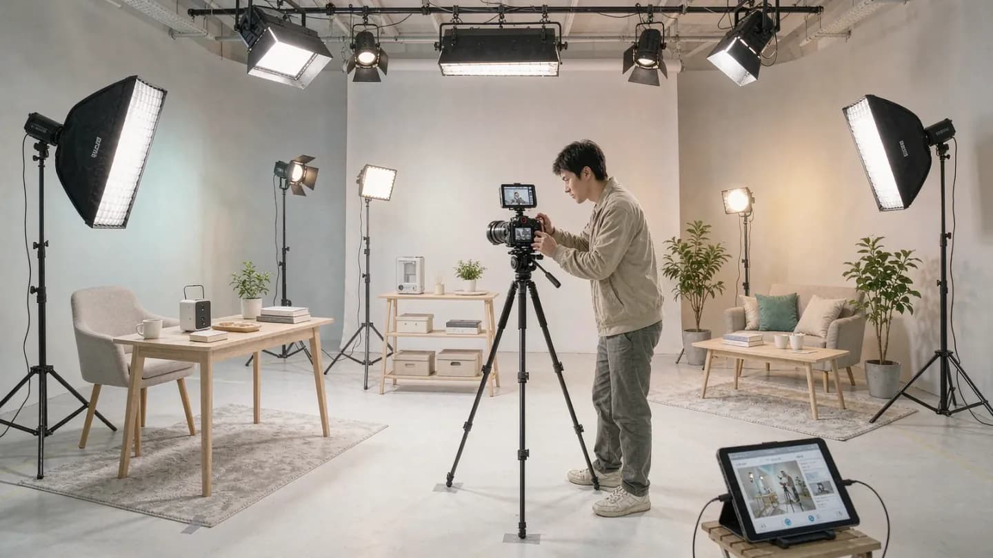 A creator batch-shooting several short videos in one organized studio session