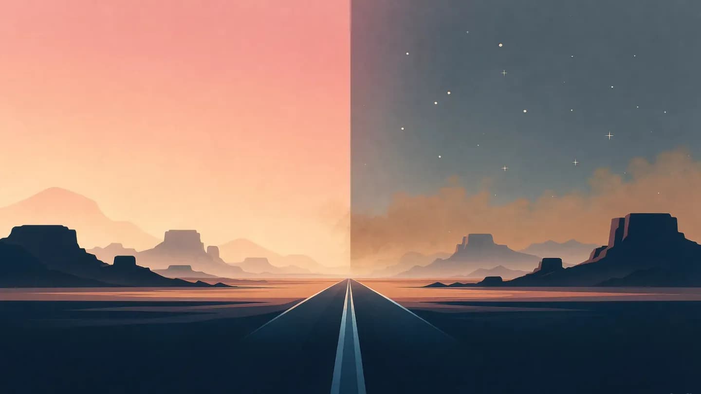 An empty desert highway runs from daylight into a starry night sky across a dark navy field, visualizing a drive long enough for time to pass