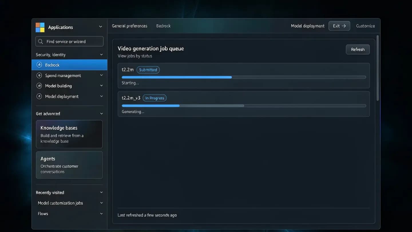 A cloud console dashboard displaying AI video generation jobs and their progress.