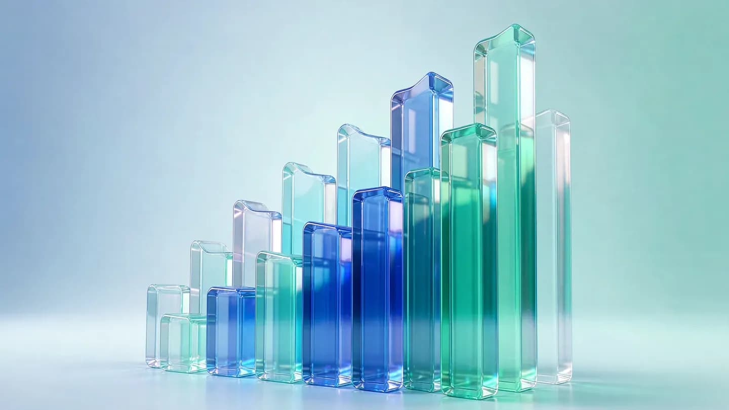 Abstract 3D bar chart of translucent blue and teal glass blocks rising upward.