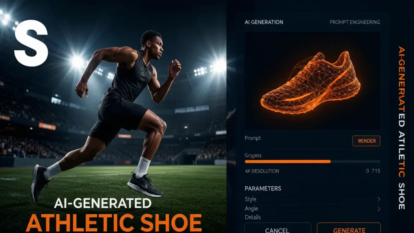 A split screen of an AI interface generating a sneaker brand commercial