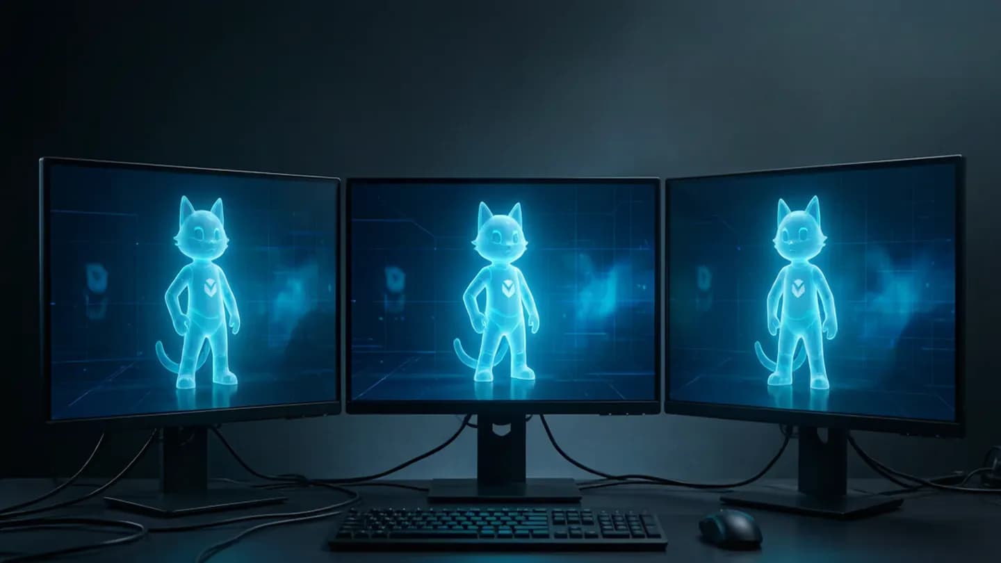 A brand mascot shown consistently across three video screens to represent a fine-tuned proprietary AI model