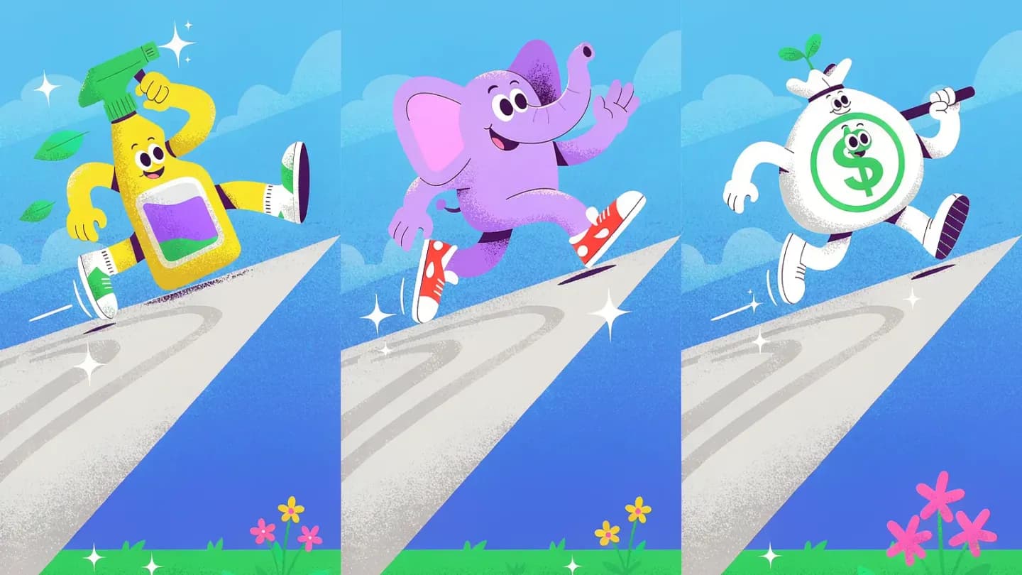 Three brand vignettes of a spray, an elephant mascot and a banking app moving along a fast timeline
