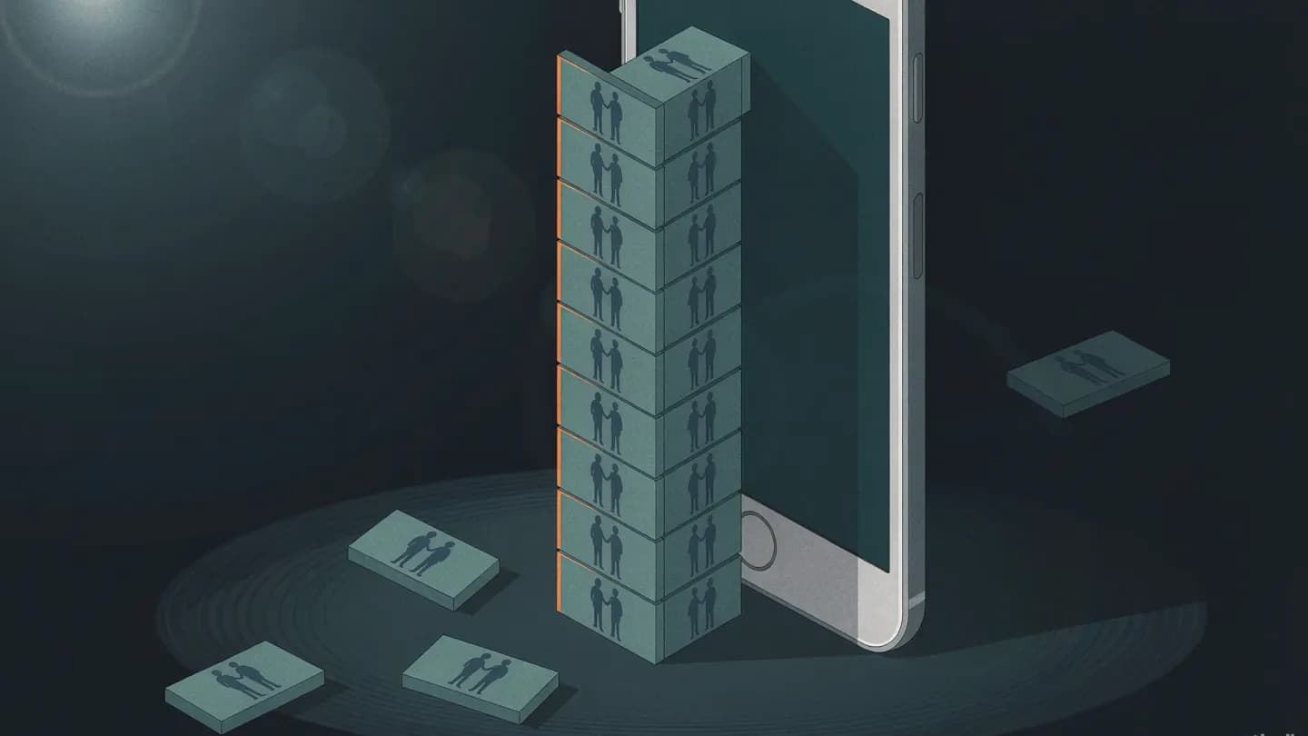 A vertical phone screen holding a rising tower of short episode blocks beside loose spare blocks on the floor.