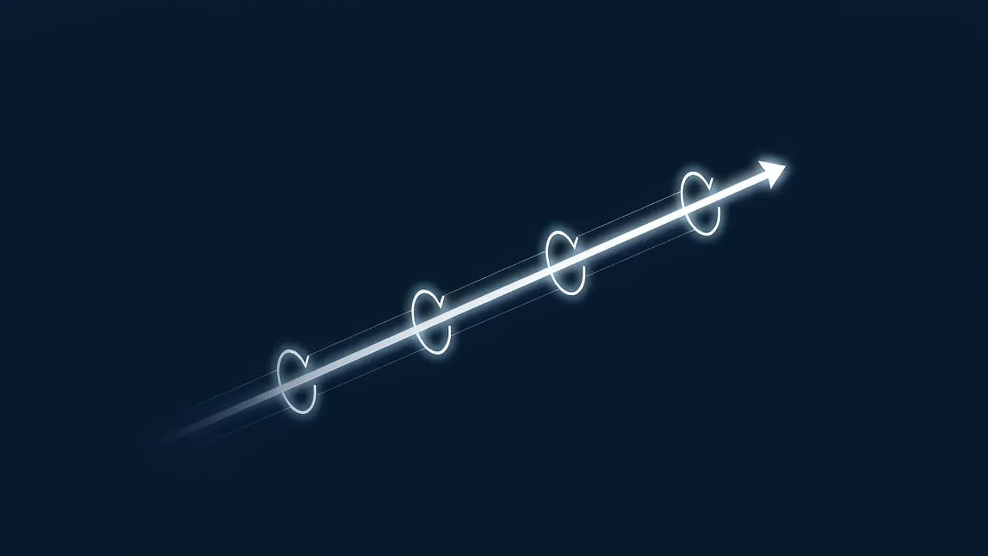 An arrow of light passes through four luminous checkpoints above a dark navy field