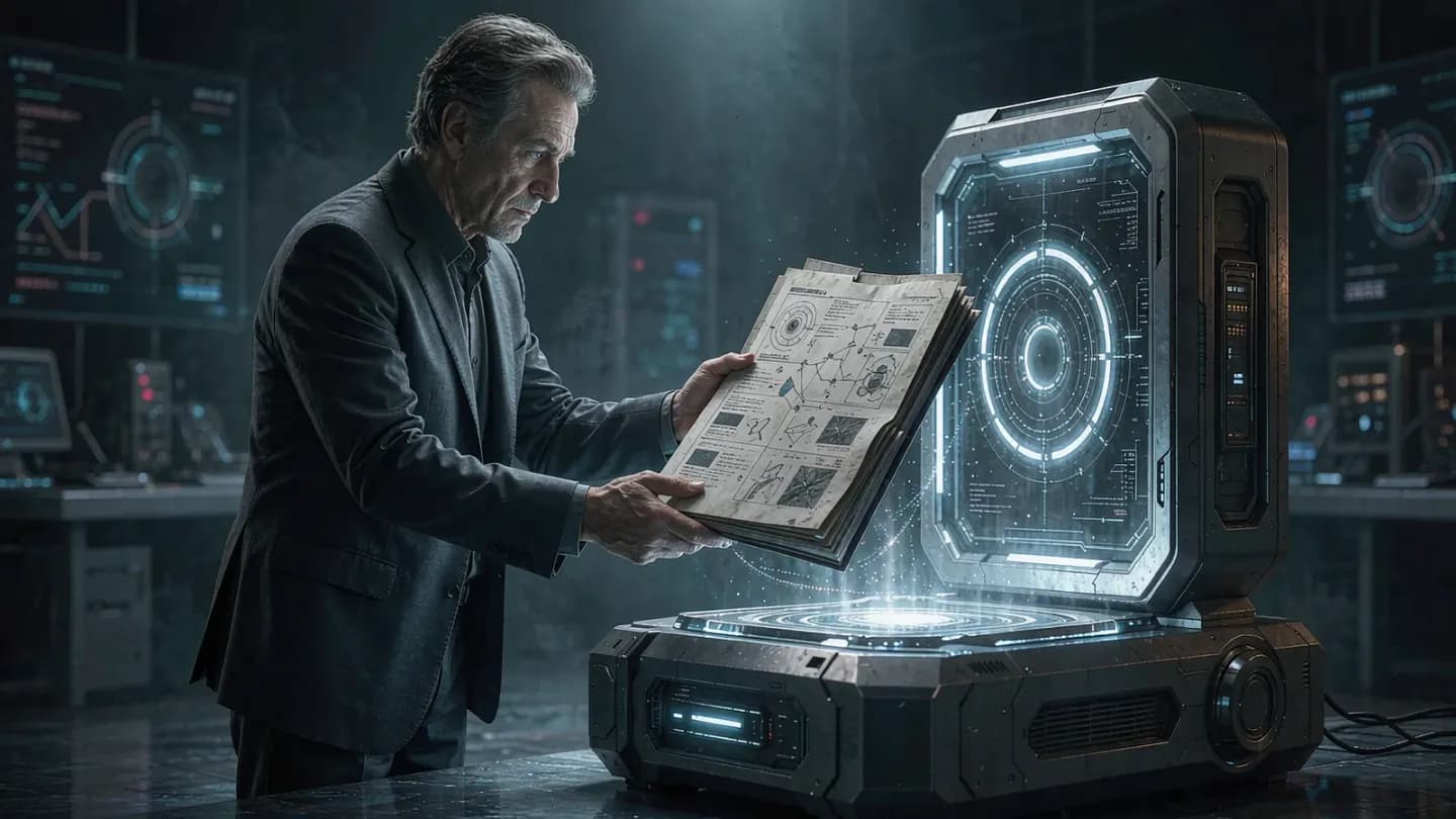 A senior art director passing a printed creative brief to an AI workstation.