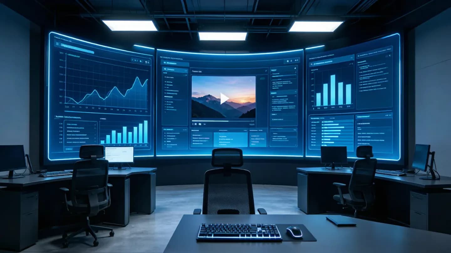 A media-buying control room where agentic AI dashboards plan and optimize video campaigns across screens.