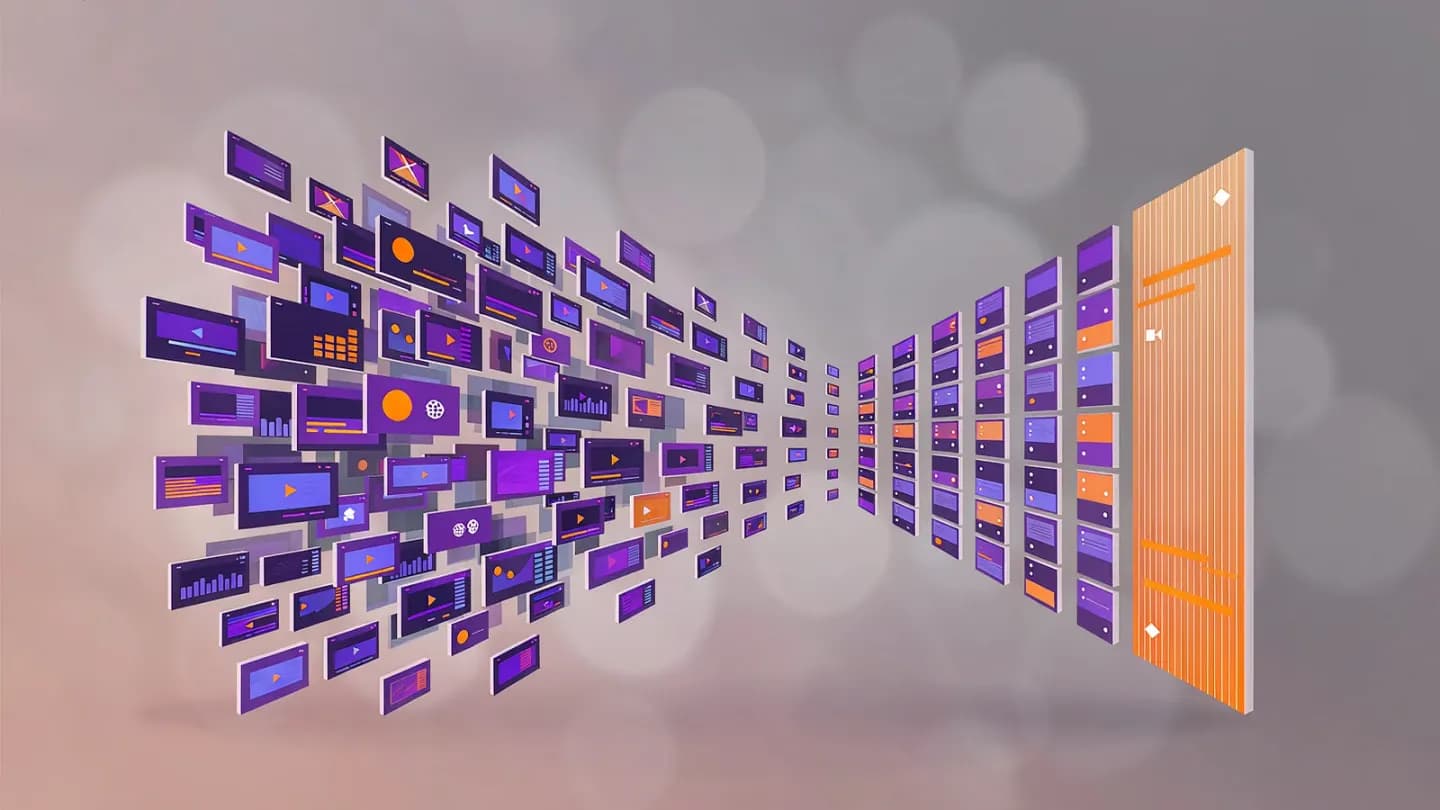 Funnel consolidating many AI video variants into one measured campaign