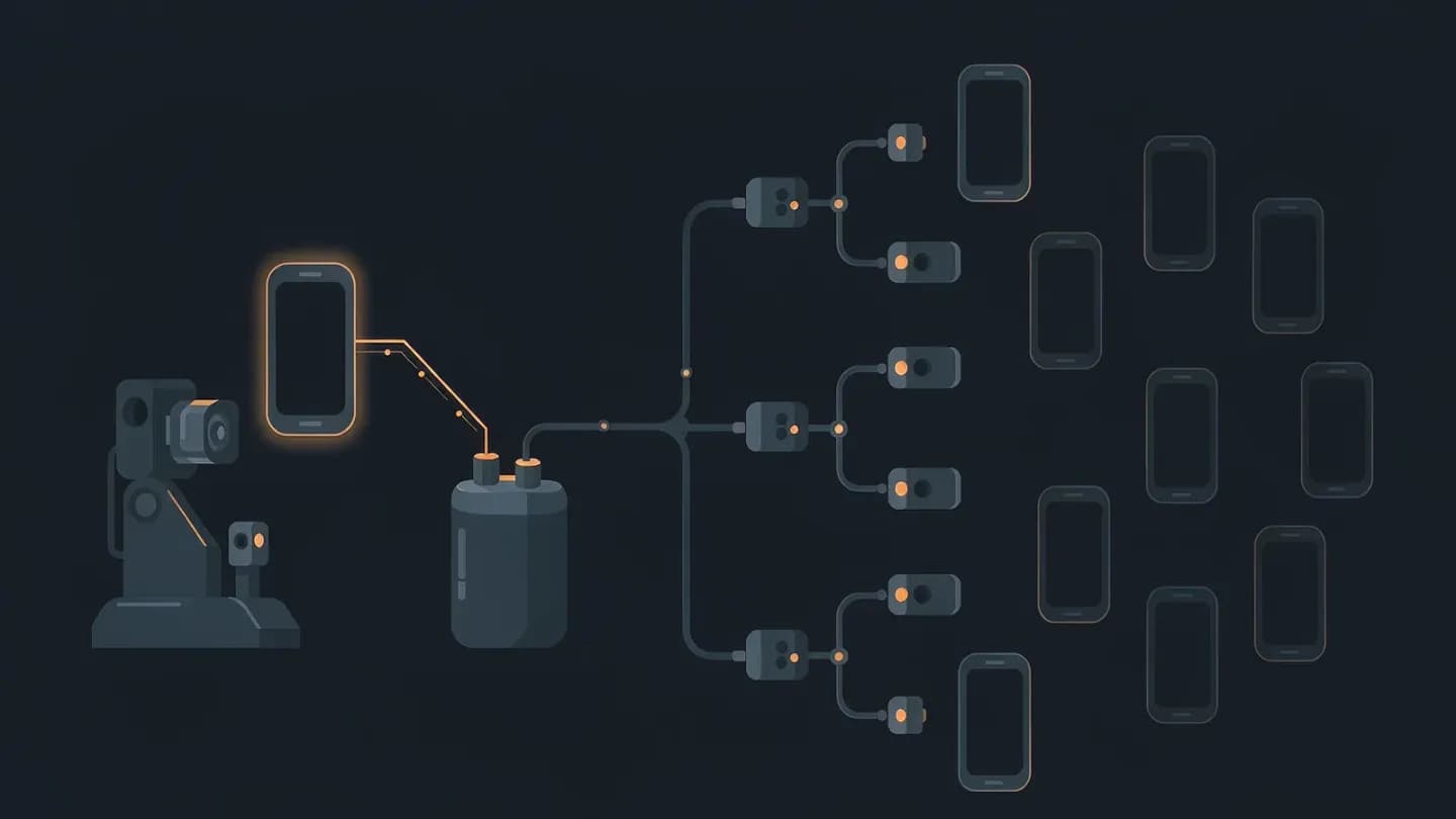 A capture device feeding one master asset that branches into a tree of smaller frames