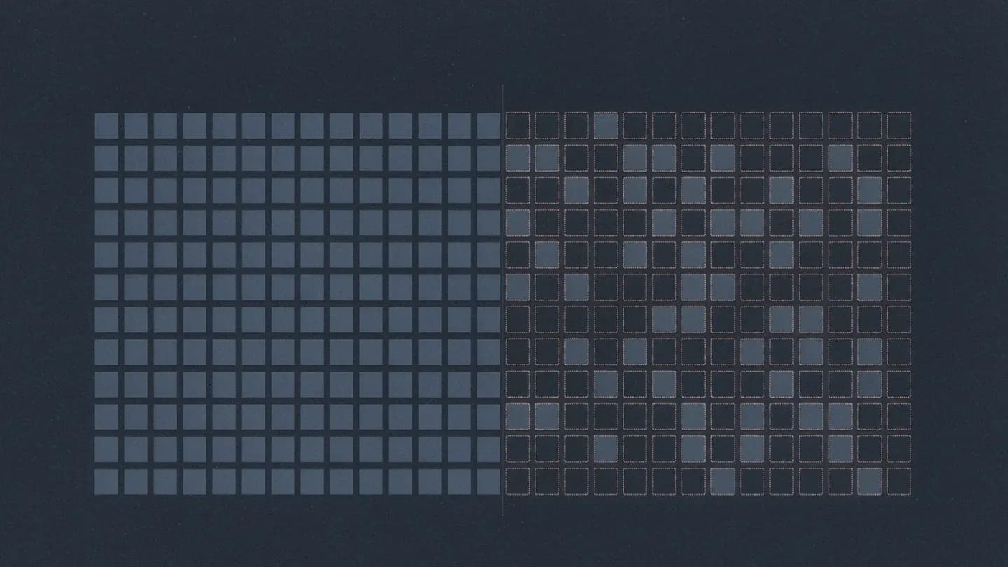 Flat two-panel diagram contrasting a dense solid grid with a version where alternating cells are dotted outlines