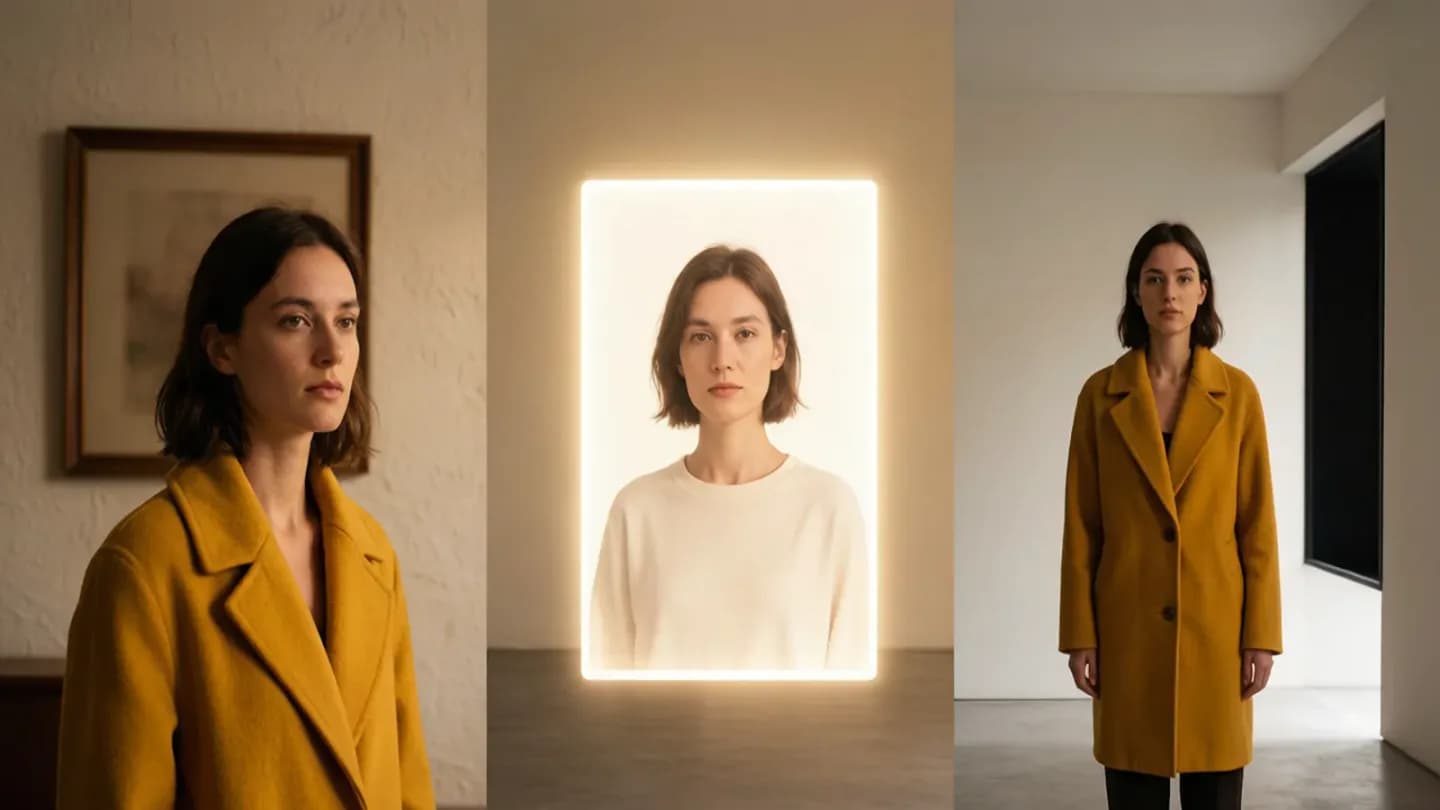 Identical character rendered consistently across three different AI-generated scenes