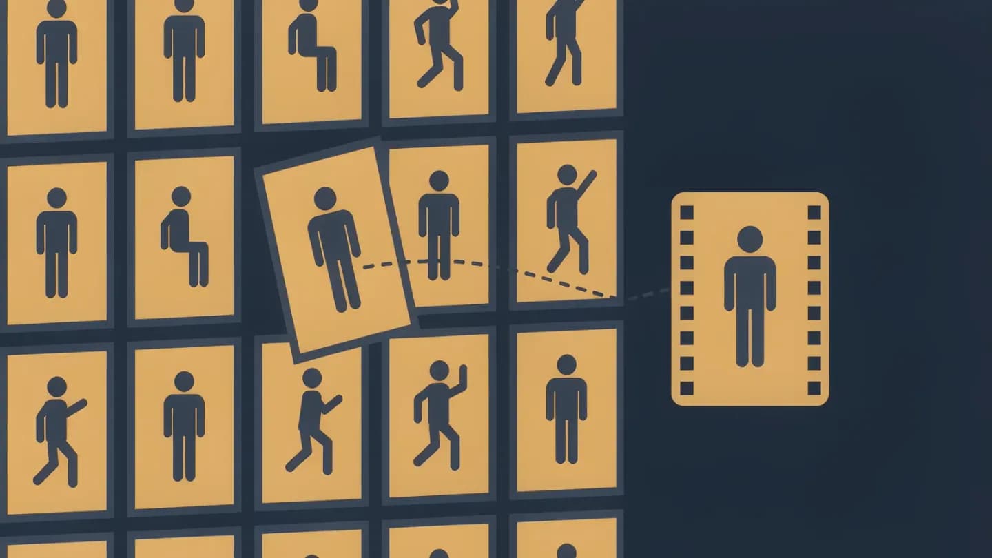 A wall of character reference cards with one card joined by a dotted line to a matching figure in a film frame
