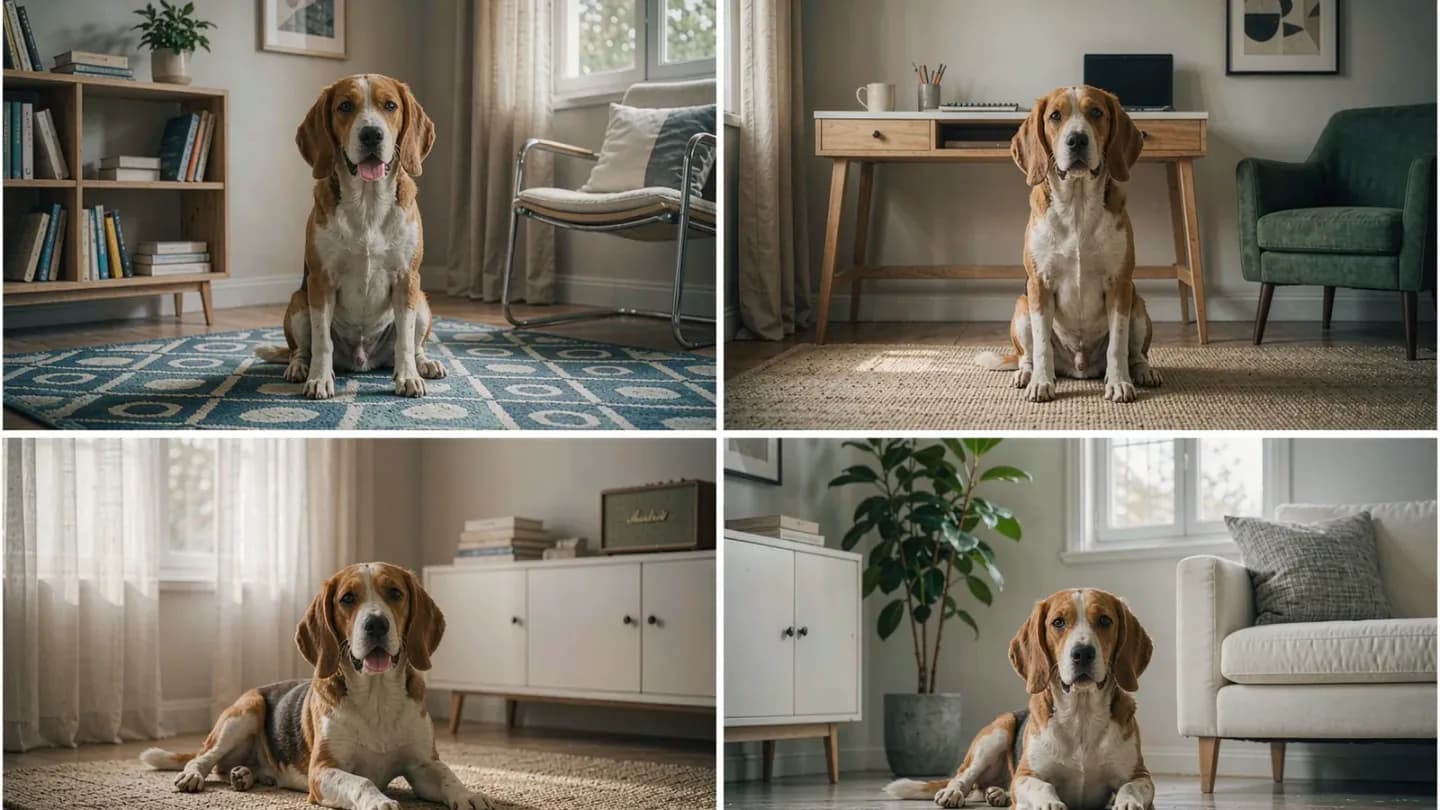 A split-screen of one beagle kept identical across multiple AI-generated frames