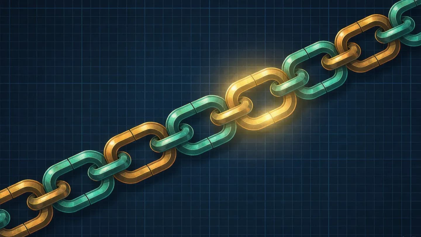 A chain of amber and teal links across a dark blueprint grid, with the closing link glowing brightest