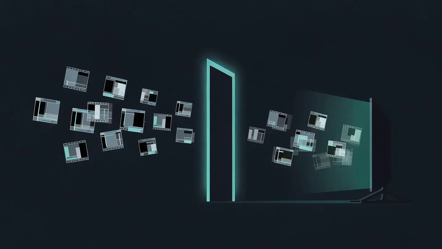 Abstract video frames passing through a glowing verification gate before arriving on a television screen, on a dark navy field
