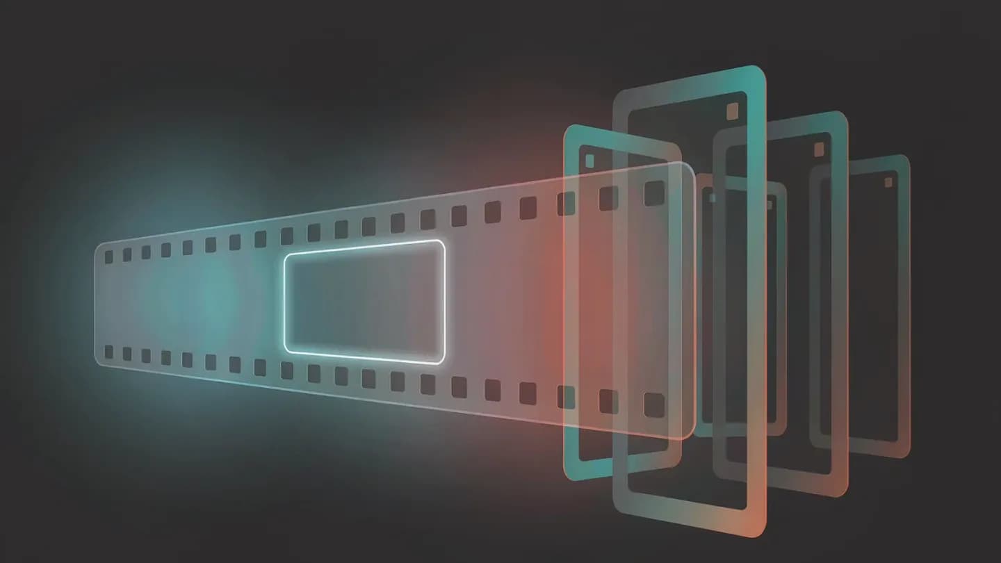 A long horizontal film strip on the left breaking into several shorter vertical frames on the right, showing one hour of live footage becoming multiple short clips