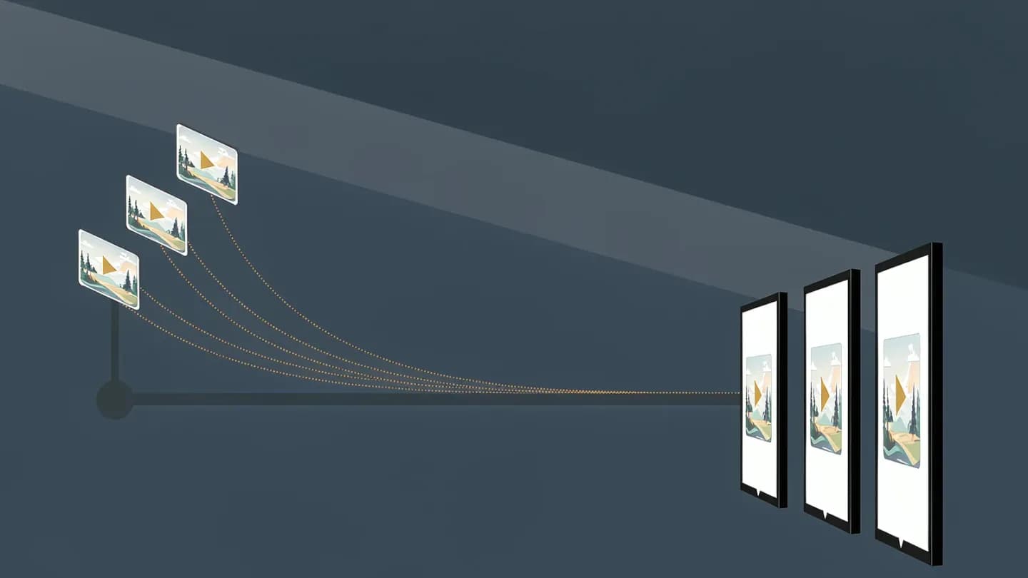 Editorial graphic of clip cards peeling off a live broadcast line and travelling to small vertical phone screens