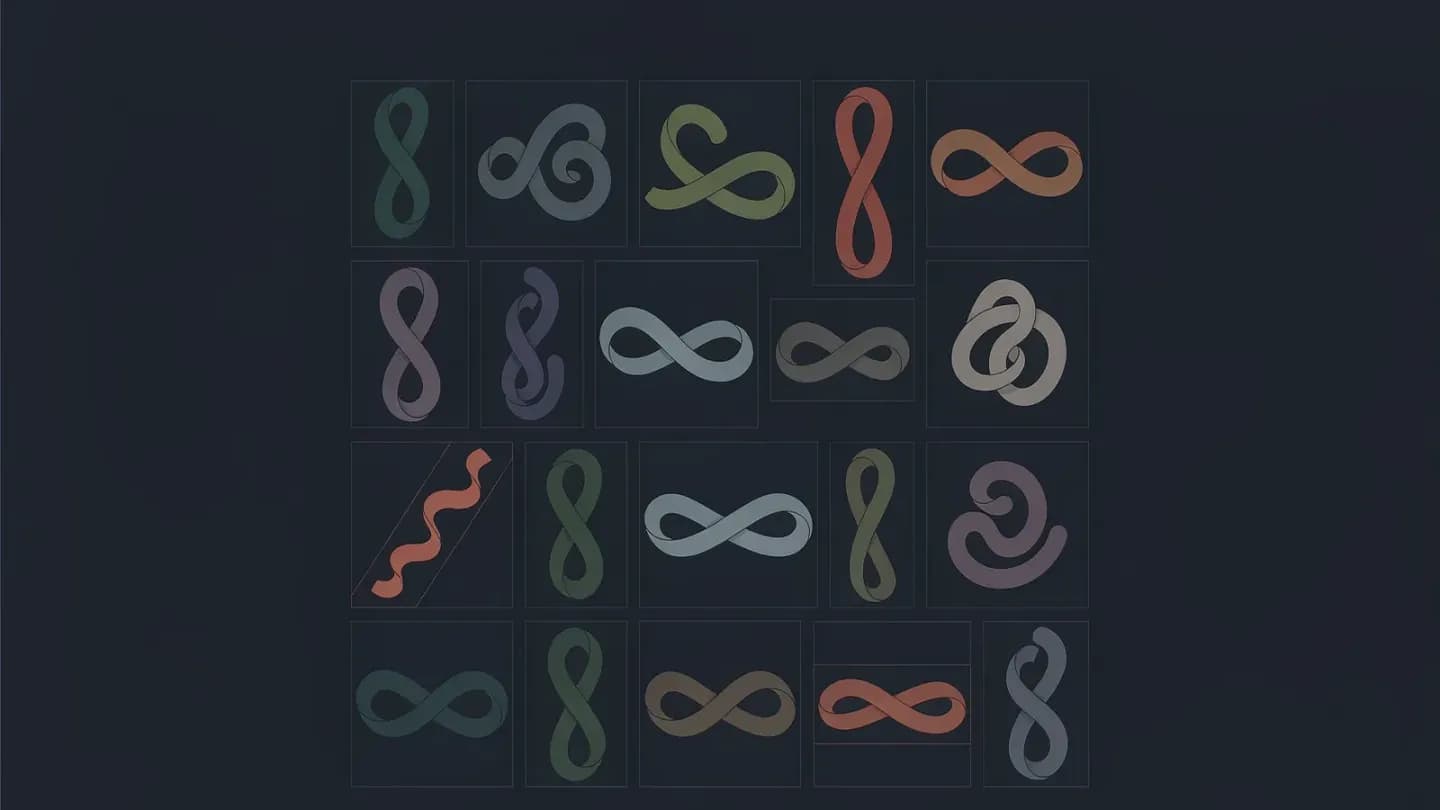 A grid of varied glowing art tiles drawn from one repeated flowing ribbon motif above a dark navy field