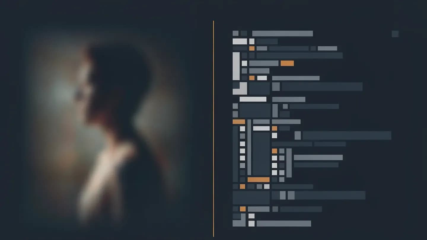Split-screen illustration contrasting a soft generated frame with a crisp code-rendered geometric frame, divided by a thin amber line on dark navy