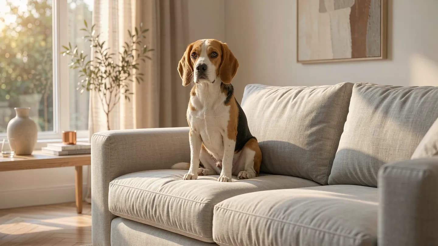 A photorealistic beagle on a premium sofa, illustrating Castlery's 'Comfurtable' campaign premise