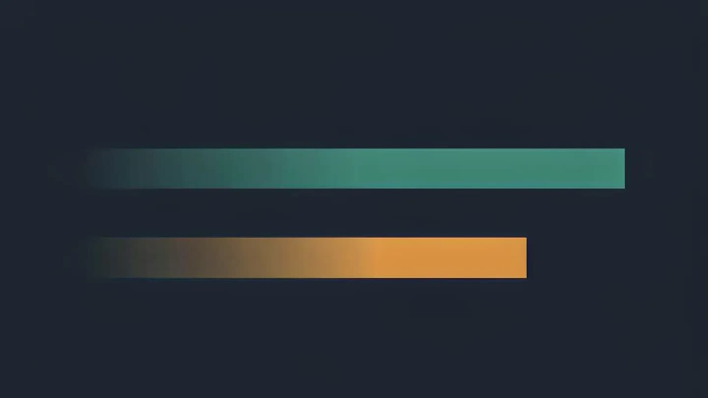 Two long horizontal bars on a dark navy field, the upper filled with soft teal light and the lower ending visibly shorter with warm amber light, showing a small delivery gap