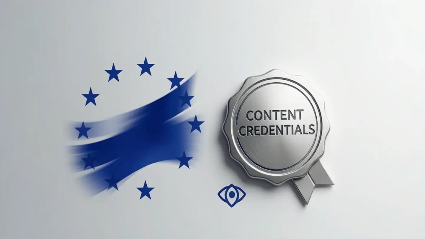 An EU flag motif beside a content-credentials badge and a labelled AI-generated watermark on a video frame