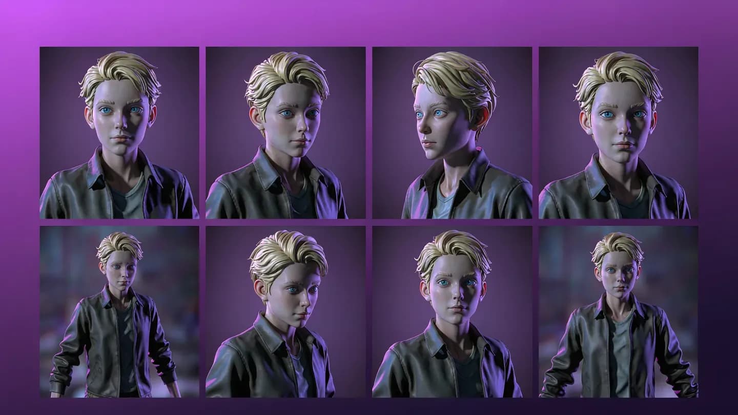 Same avatar rendered across multiple AI video frames with consistent features