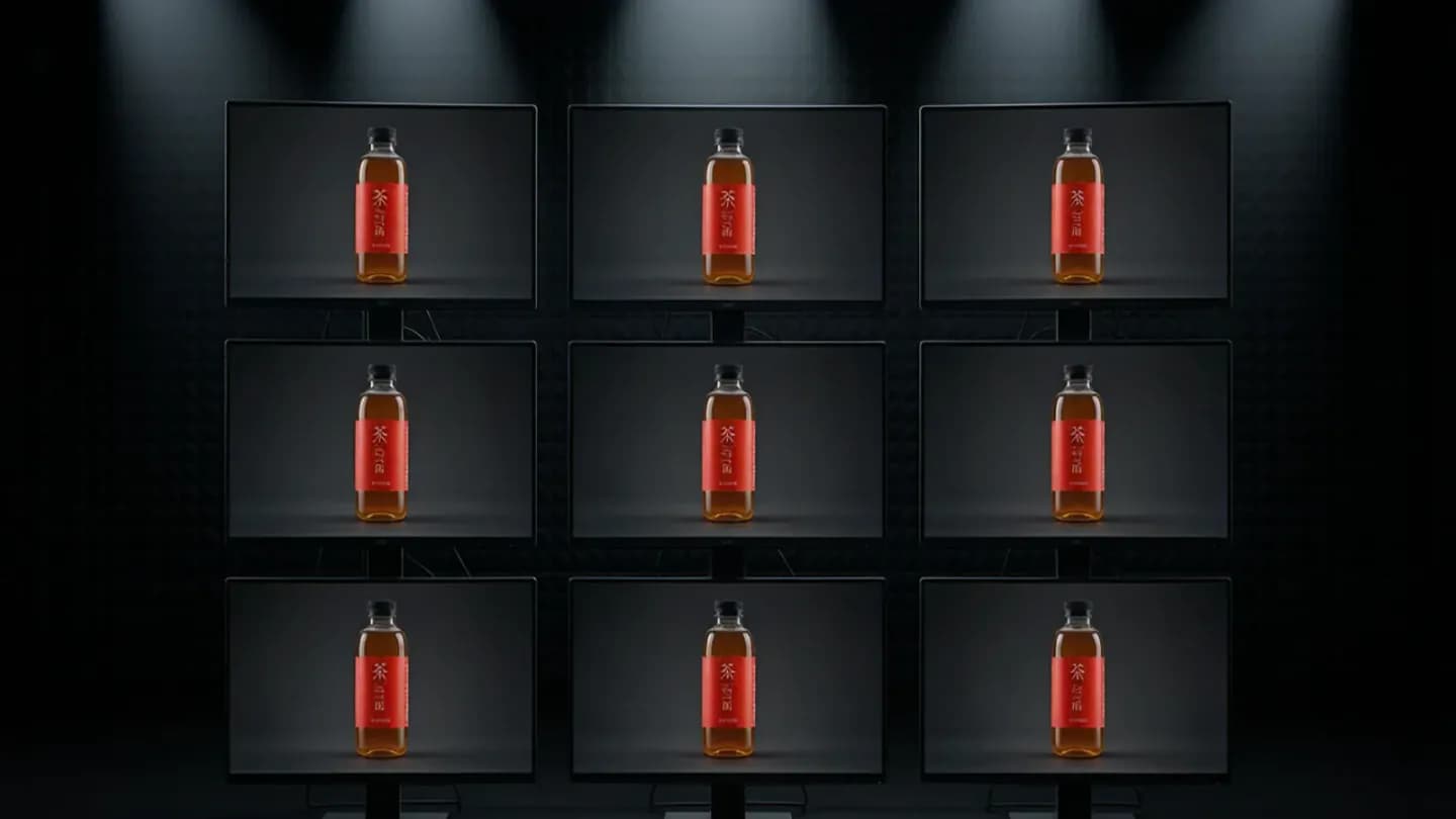 A grid of nine consistent AI-generated videos of the same product