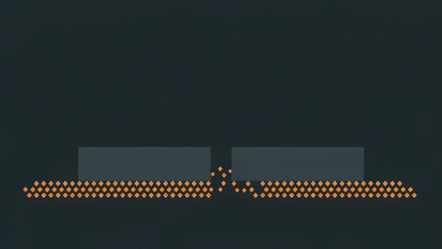 Flat vector scene of one narrow gap between two blocks halting a wide stream of diamond shapes while a thin stream passes through