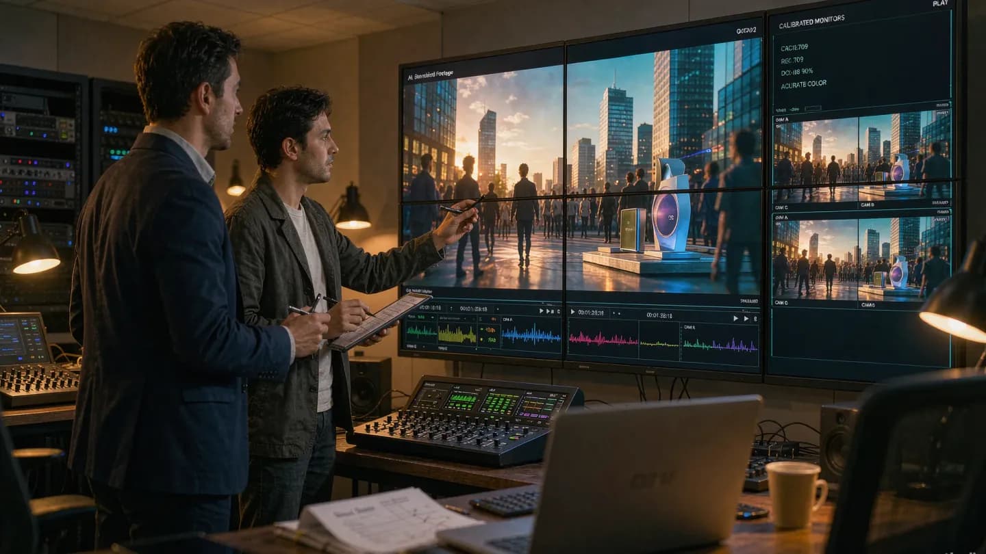 A brand and compliance reviewer examining AI-generated video footage on a wall of calibrated studio monitors.