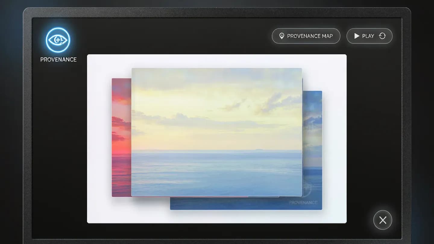 Provenance badge overlay on a video frame showing edit history