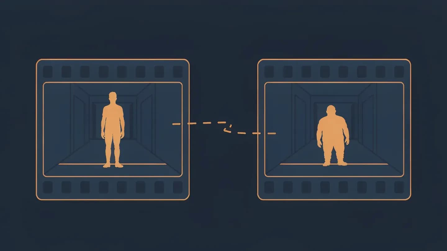 Two film frames of the same scene, one with a consistent figure and one with a drifted silhouette