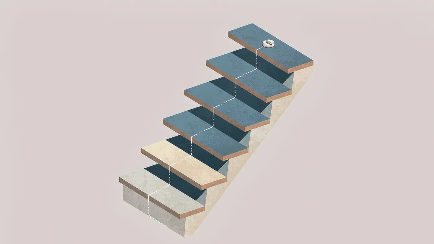 Flat vector illustration of five ascending steps with a dotted path climbing from two pale grey low steps to three stronger blue upper steps.