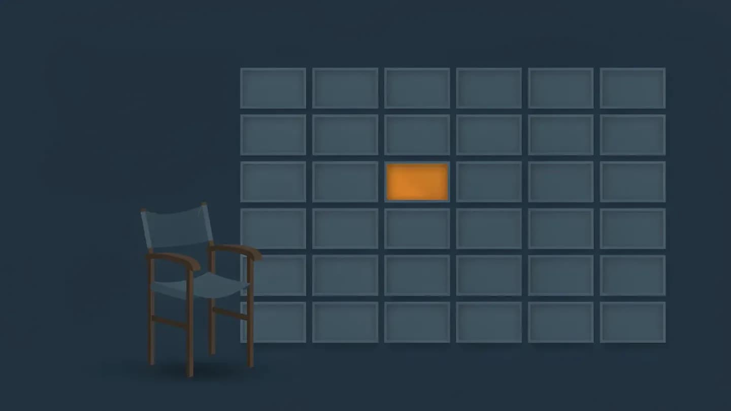Conceptual illustration of identical video frames with one amber frame apart and an empty director chair on dark navy
