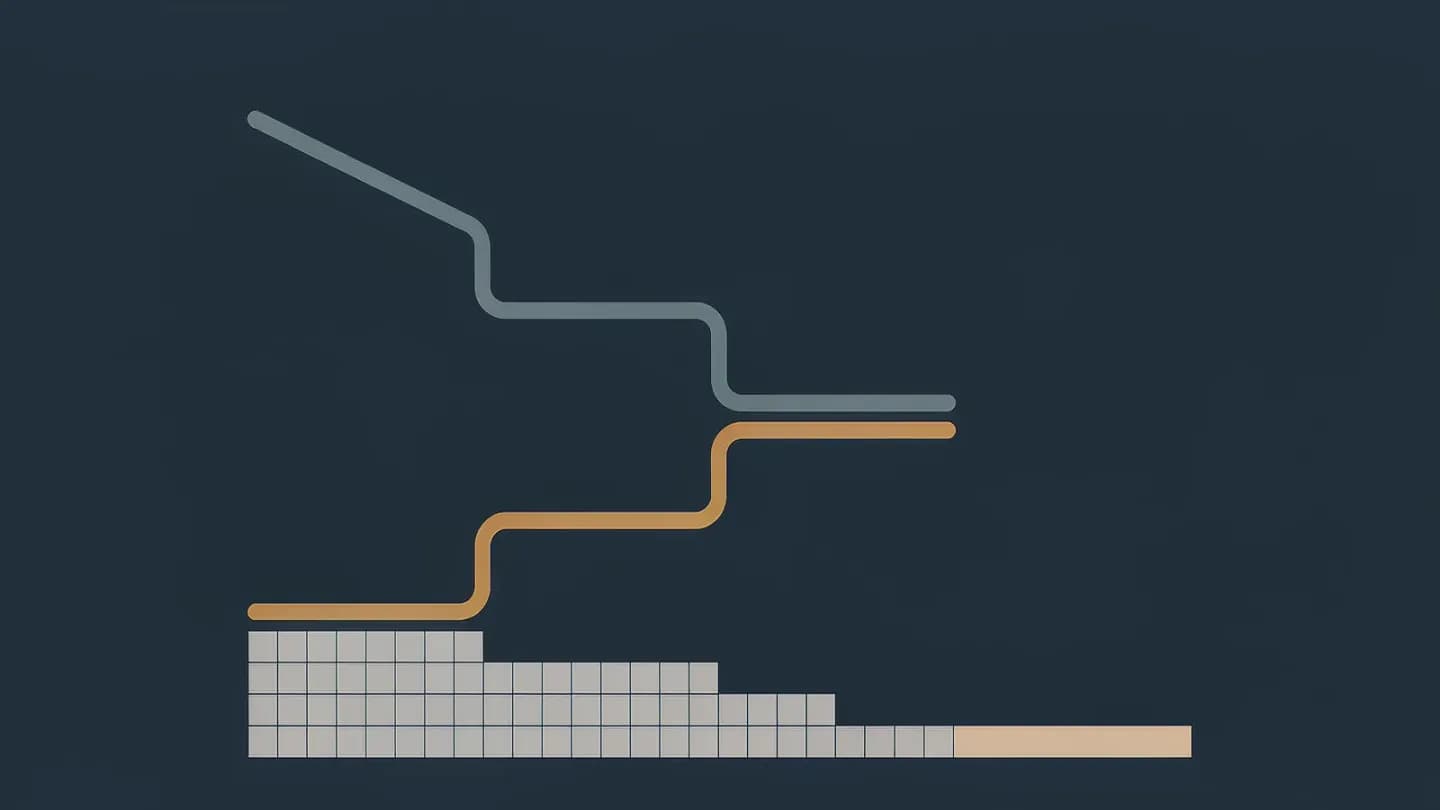 Editorial illustration of falling cost and rising output curves beside a compressing calendar on dark navy