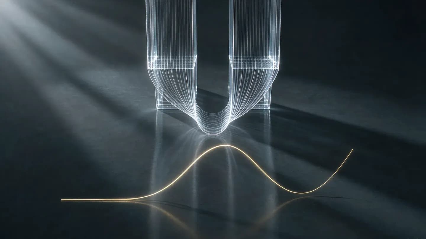 Two glowing bars collapsing beside a rising efficiency curve above a dark floor
