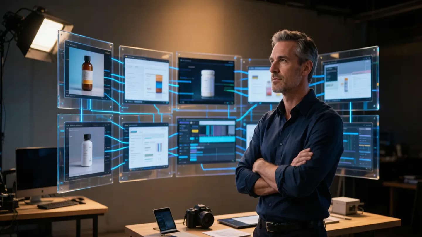 A creative director overseeing a wall of AI-generated CPG product videos