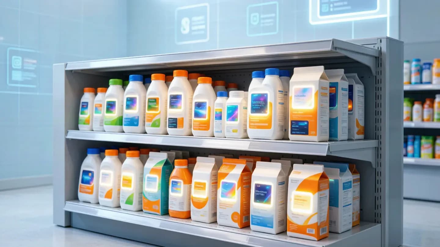 A supermarket shelf where CPG packages play as small looping video screens