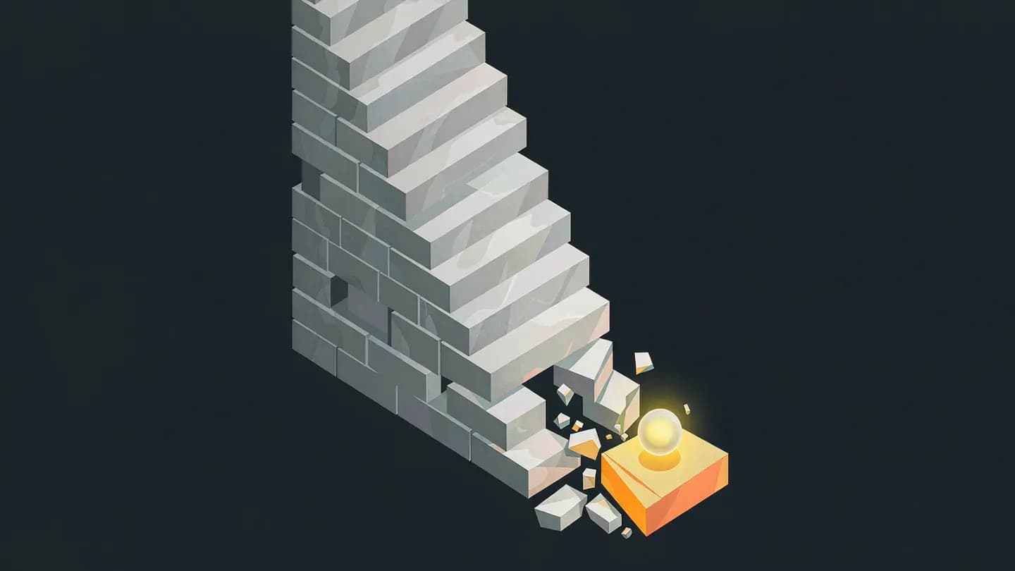A tall stack of pale grey steps descends steeply to one glowing amber step where a small luminous sphere rests, on a dark navy field