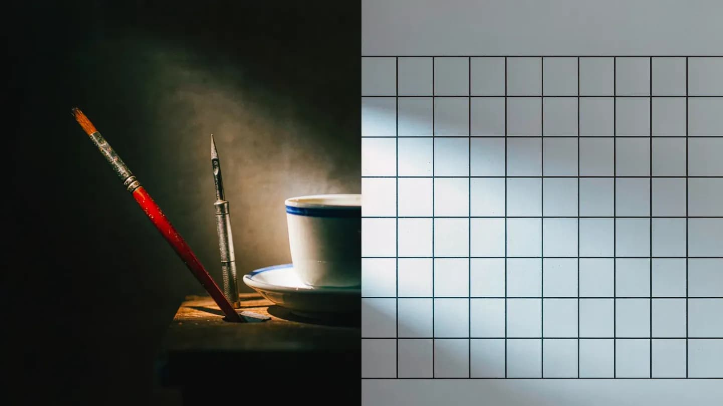A polished brand film frame beside a grid of plain targeting boxes