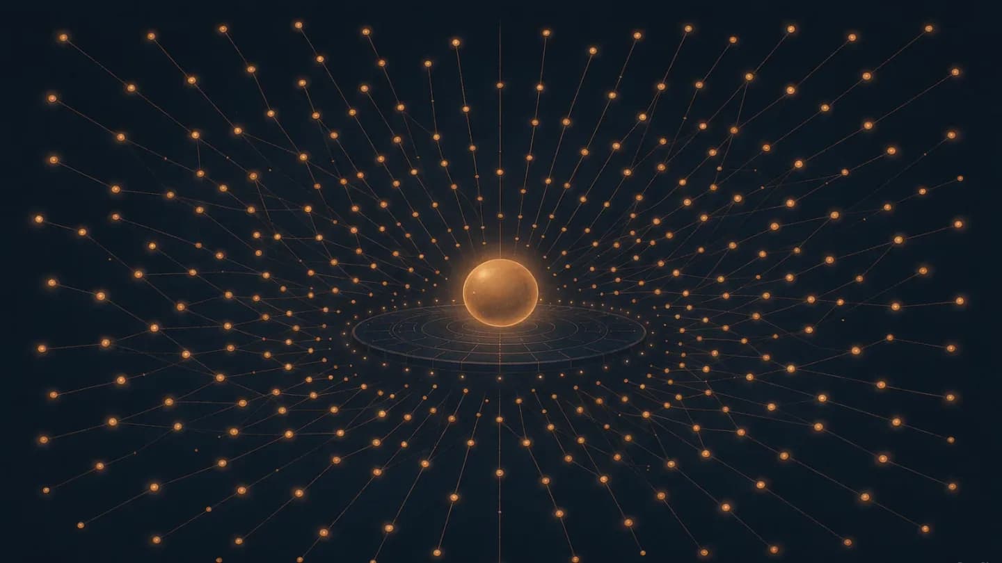 Hundreds of small amber dots flow across a dark navy field and converge onto a raised circular stage with one large glowing sphere