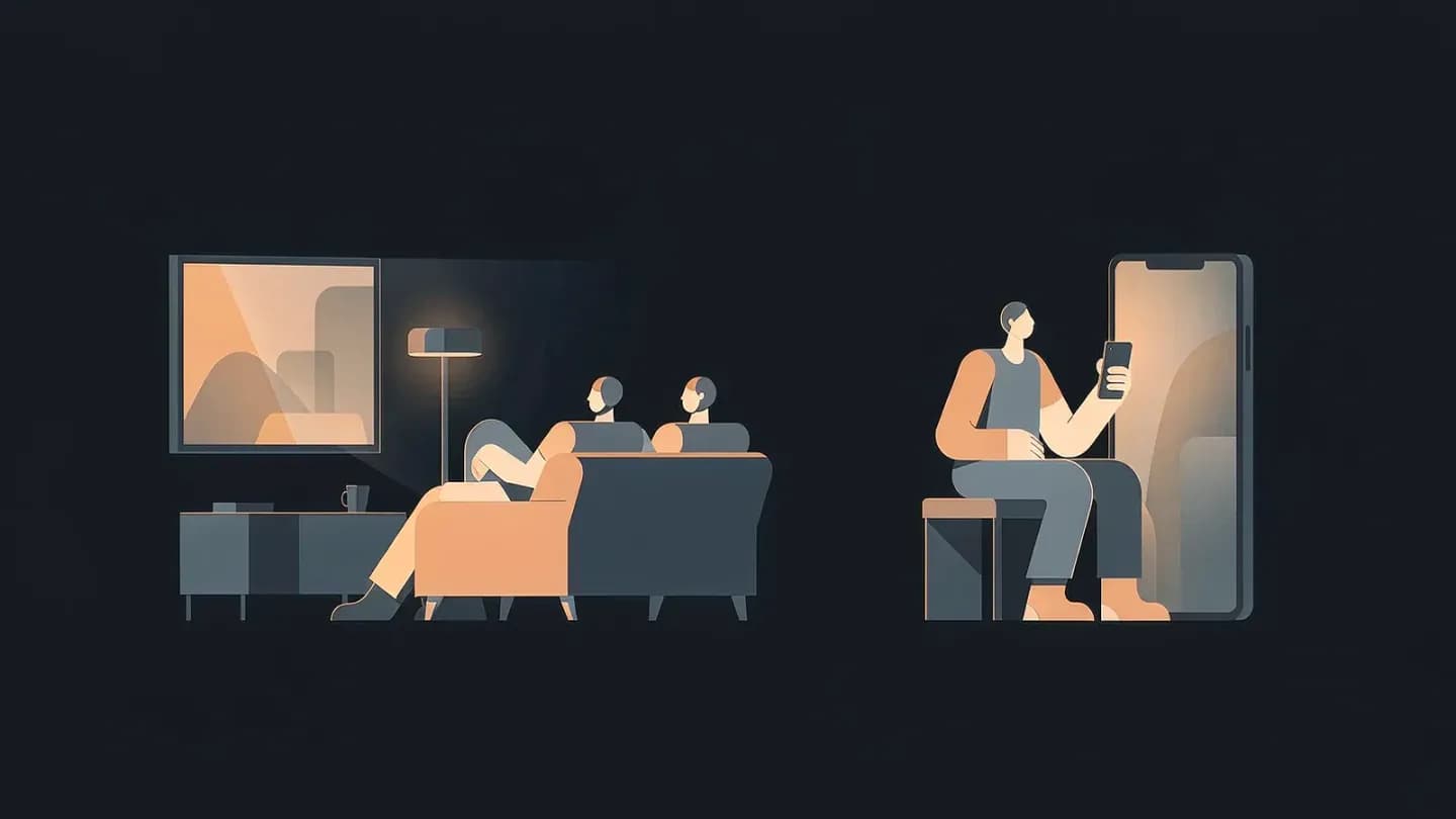 The same hero composition on a wide living-room television and a tall phone screen side by side on a dark navy field