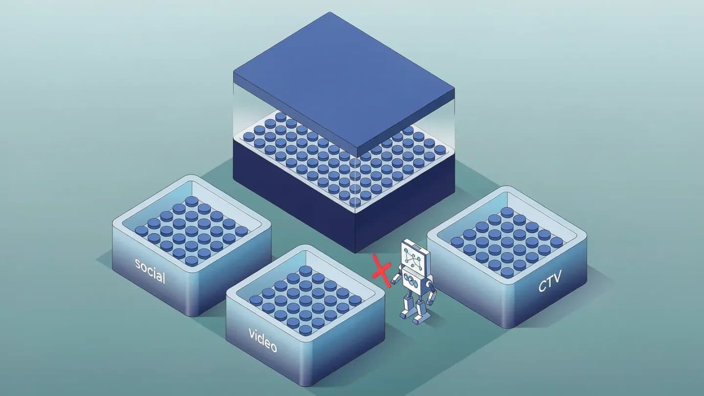 Isometric diagram of a marketing data lake fragmented into disconnected platform silos