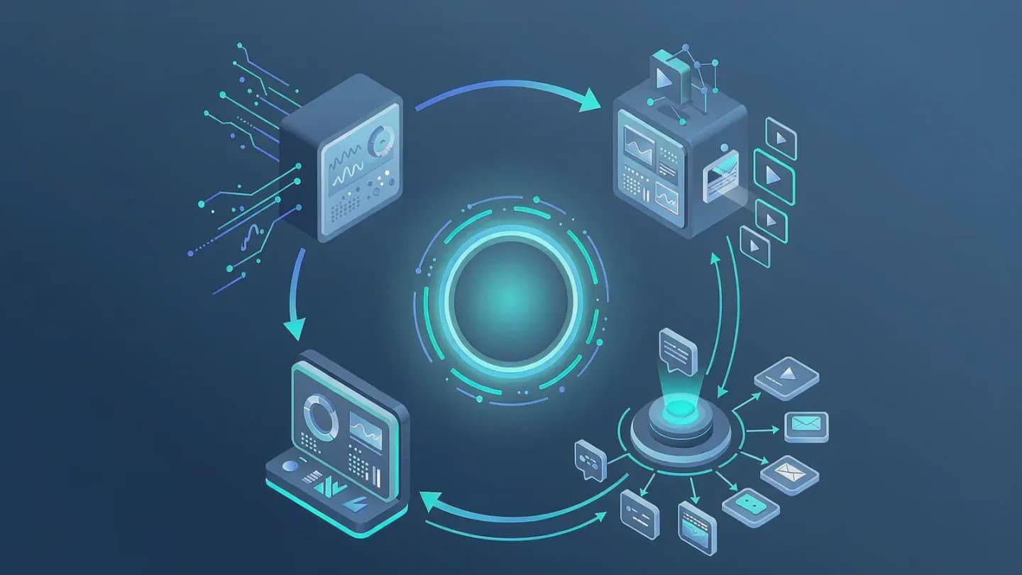A circular diagram showing social data flowing into AI video generation, distribution and measurement
