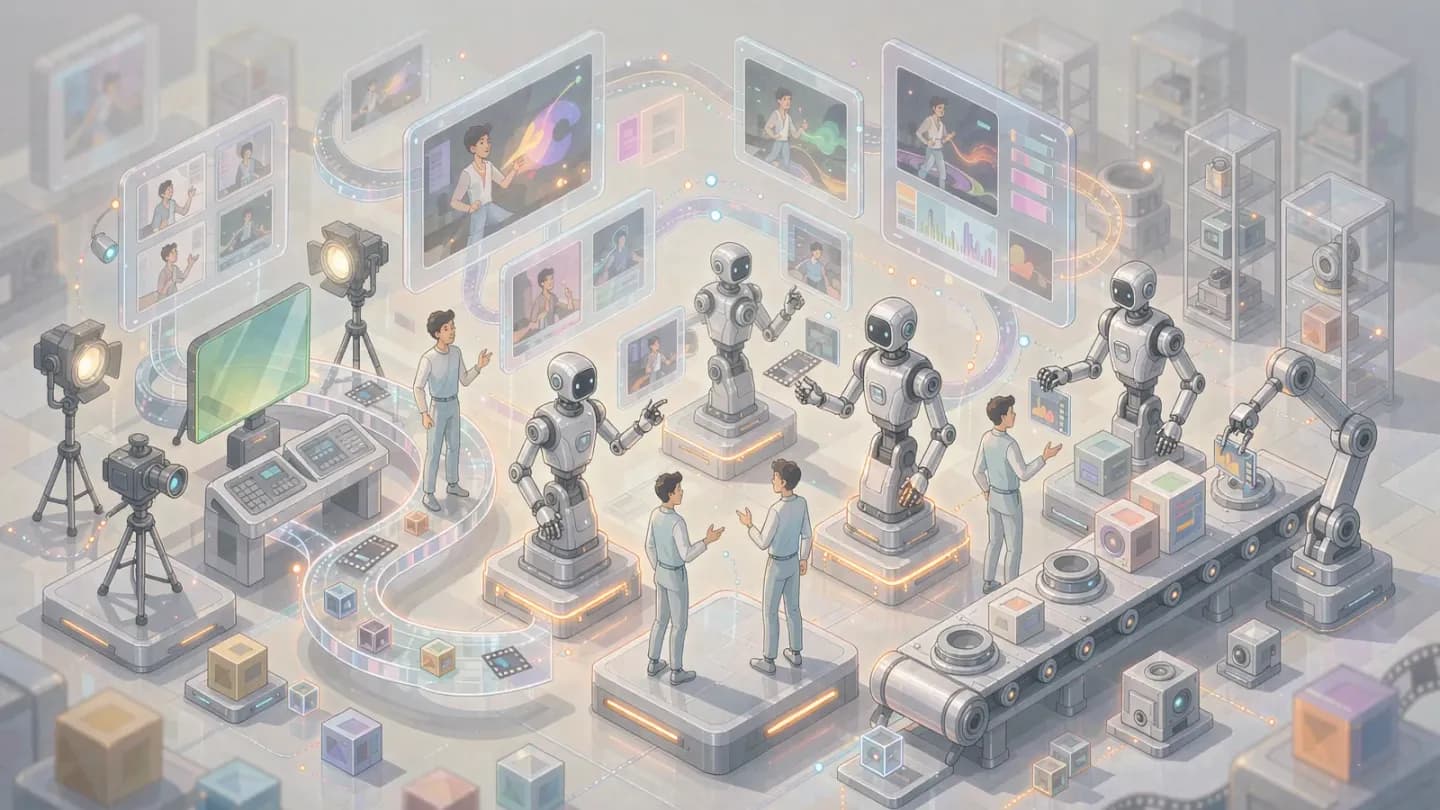 Isometric studio pipeline turning into an automated production line