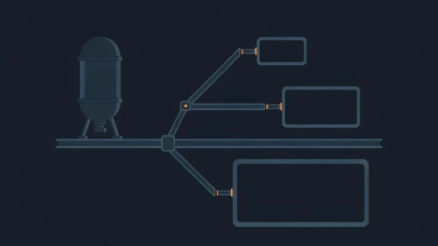 One master video canister branching into three differently sized frames along a rail