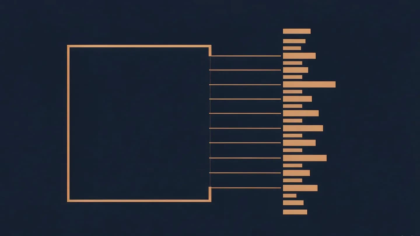 A panel of amber control bars connected by thin lines to an empty outlined frame on a deep navy background.